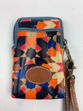 Vintage Fossil Colorblock Geometric Wristlet Pouch bag Brass Clip Pockets Zip